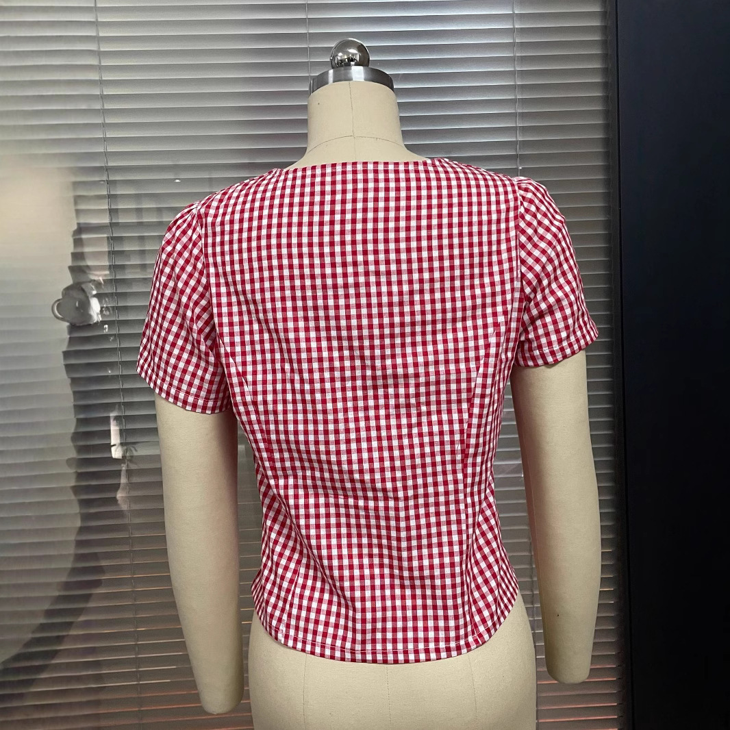 Women's Short Sleeve Plaid Button Shirt
