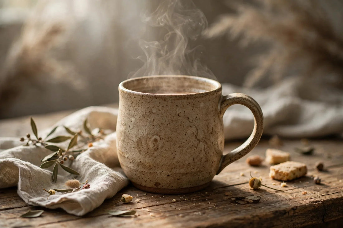 A steaming ceramic mug sits on a rustic wooden table bathed in soft, natural light.