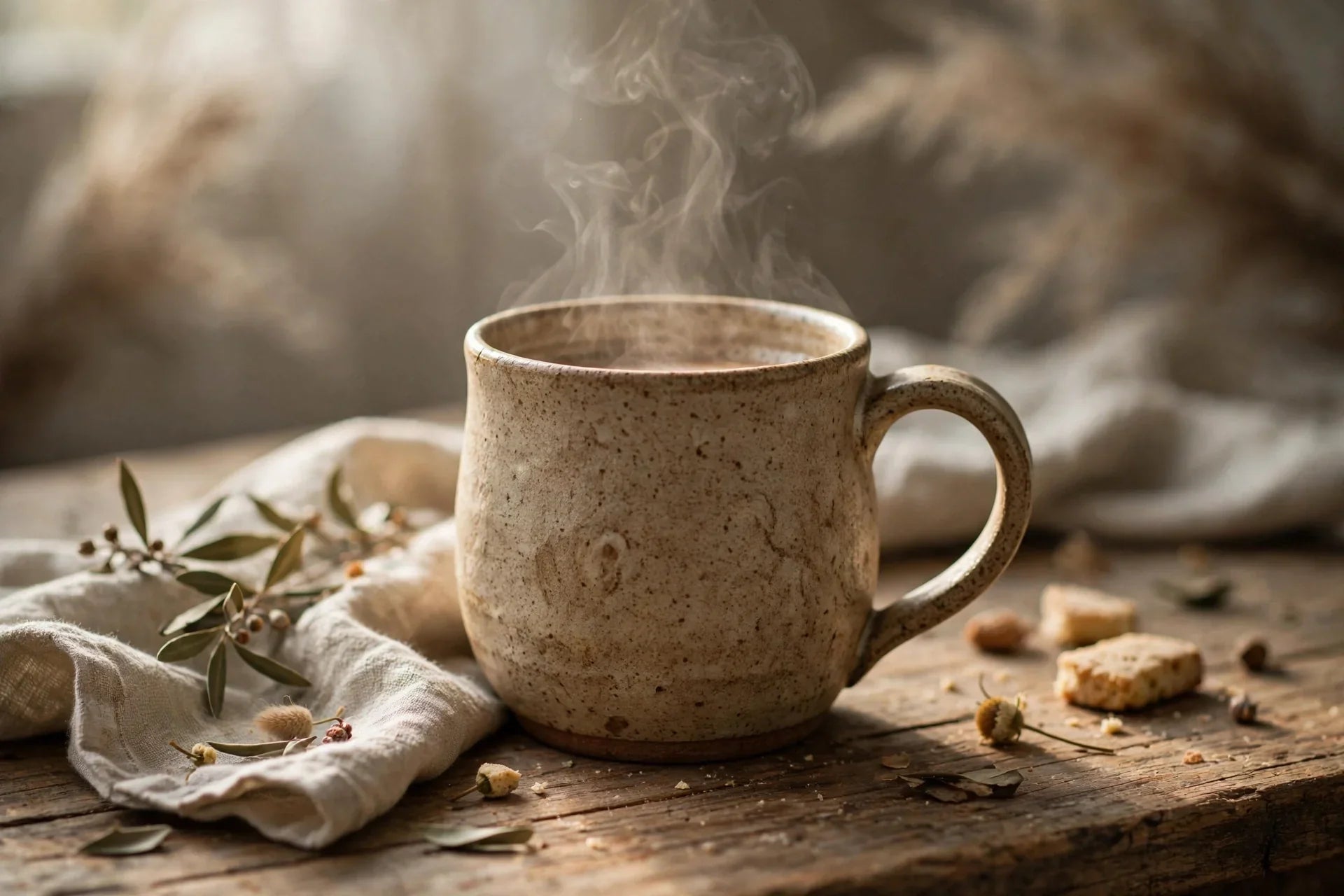 A steaming ceramic mug sits on a rustic wooden table bathed in soft, natural light.