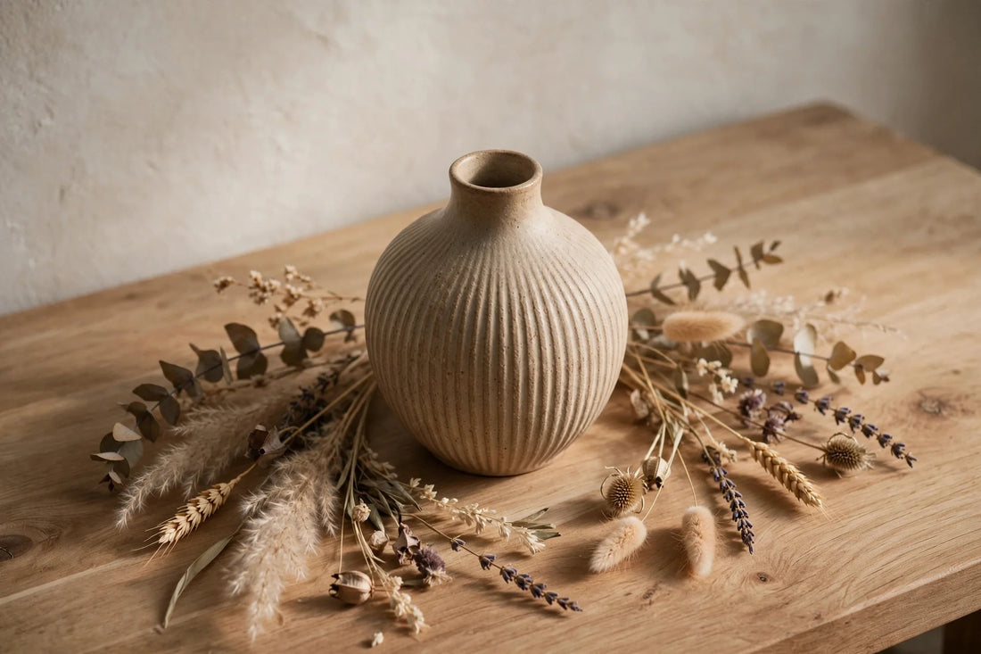 A minimalist ceramic vase with dried botanicals on a wooden surface, bathed in soft light.