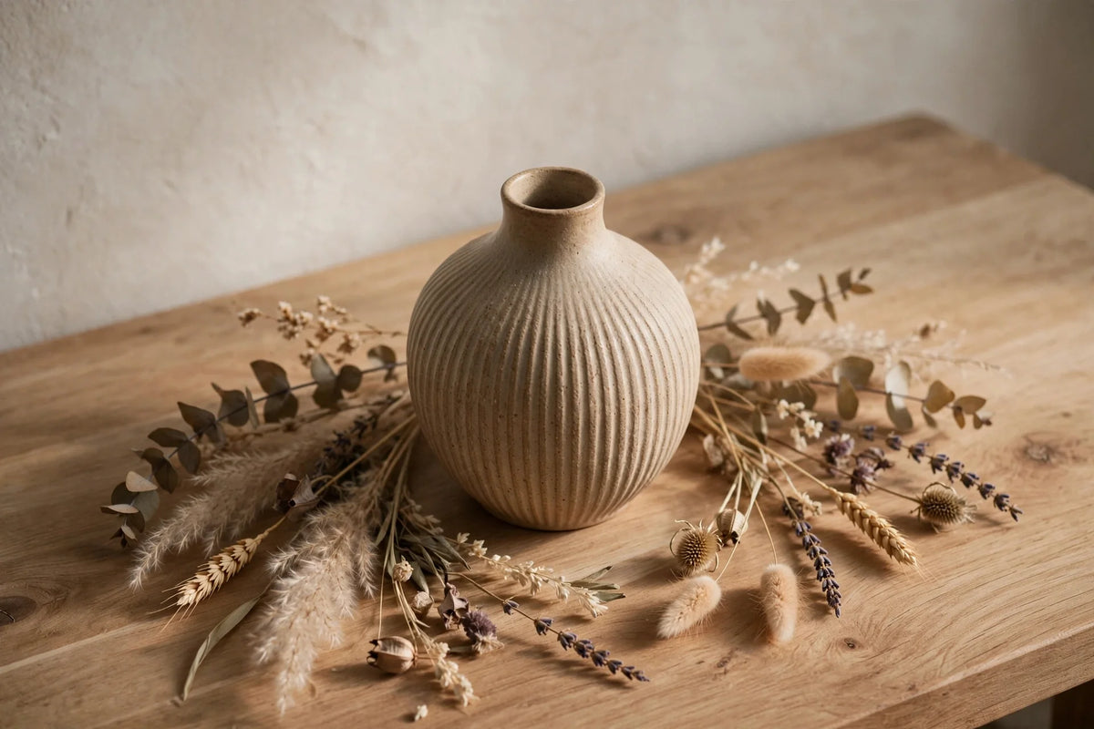 A minimalist ceramic vase with dried botanicals on a wooden surface, bathed in soft light.
