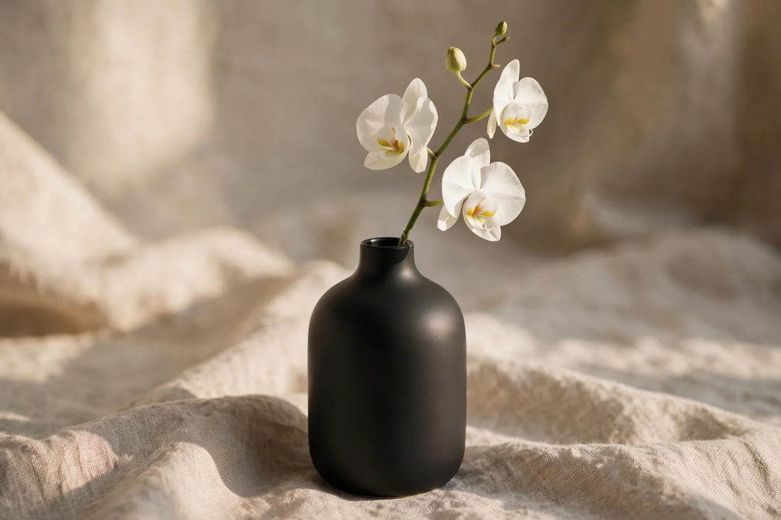 Matte black vase with white orchid on textured linen surface, soft natural light