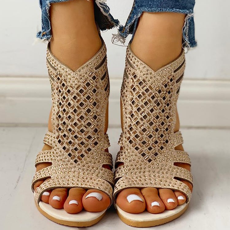 Women's Flat Cutout Roman Sandals with Rhinestones