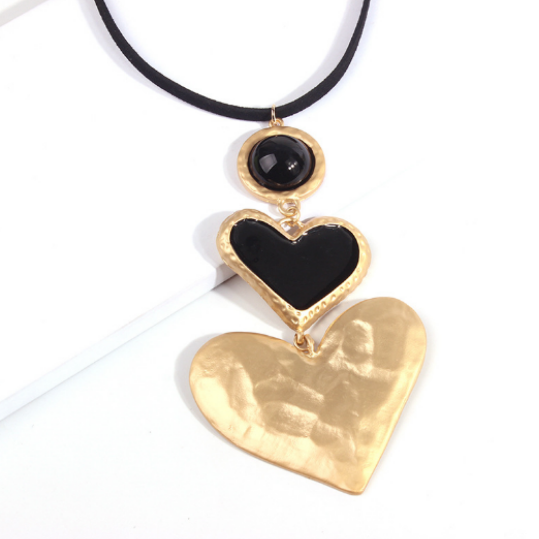 Double Black Heart Pendant Necklace