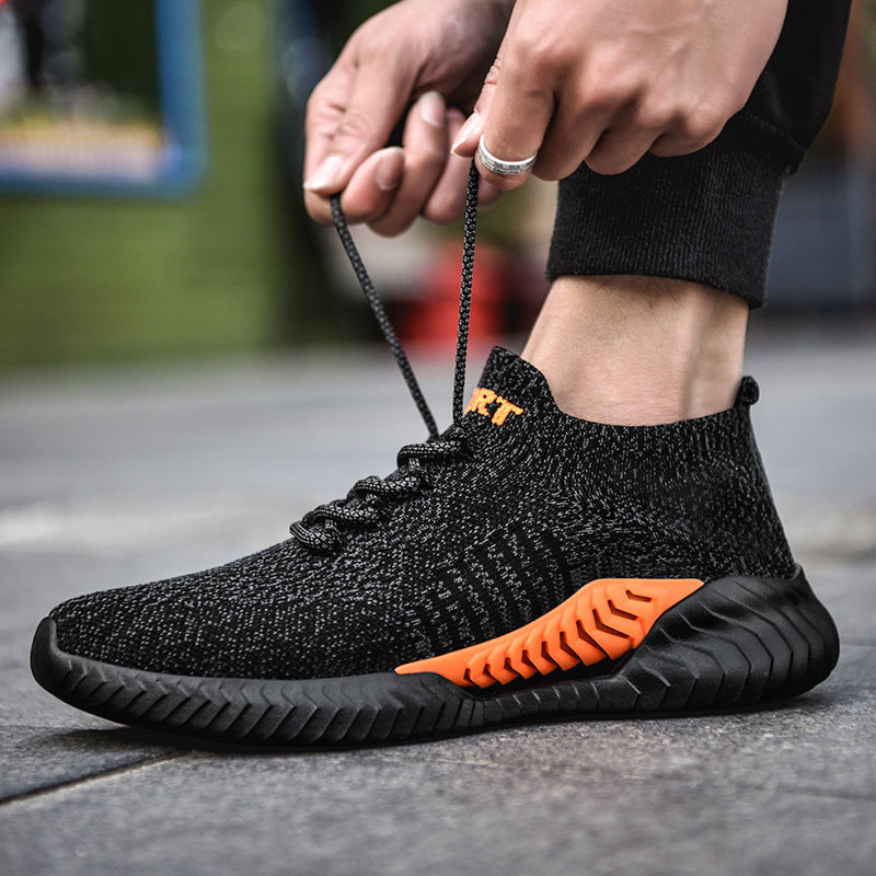 Men's Breathable Knitted Running Shoes – Mesh Upper, Black Orange, Khaki & Grey, EU 37–45