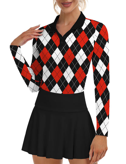 Women's Argyle V-Neck Golf Polo Shirt – Moisture Wicking Long Sleeve