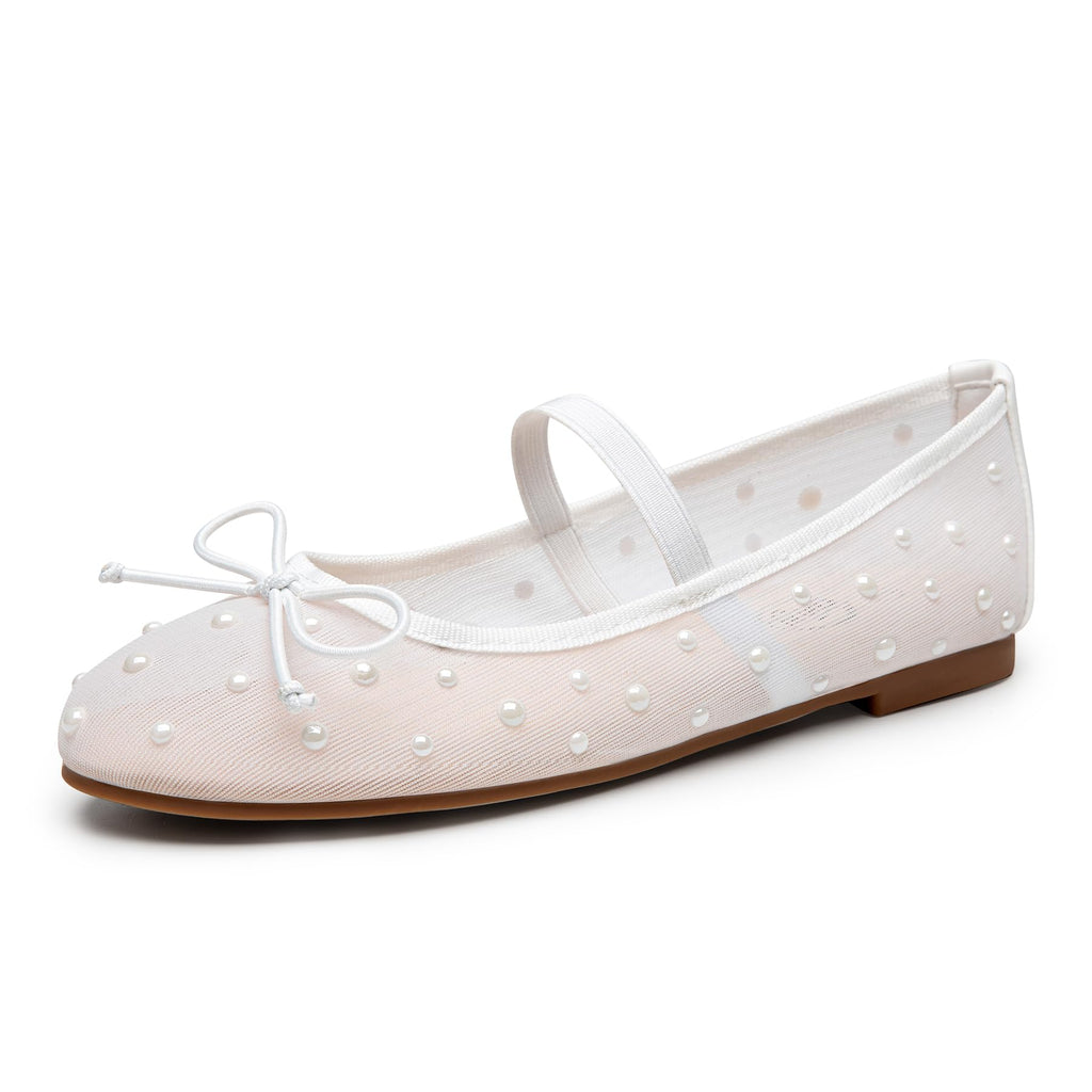 Damen Mesh Ballettschuhe – Mary Jane Schuhe mit Perlenschleife und Strassdetails