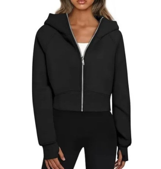 Women's Velvet Zip-Up Hooded Sweatshirt – Cropped Long Sleeve Hoodie in 9 Colours