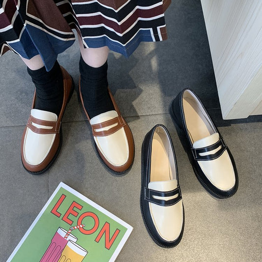 Women's Vintage Slip-On Leather Shoes – Thick Heel Loafers in Black & Brown