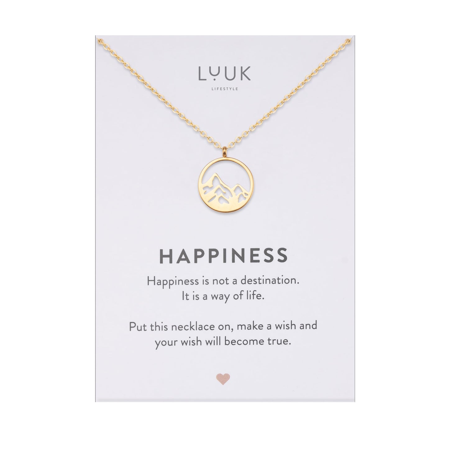 Gold Mountain Peak Coin Necklace – Minimalist Stainless Steel Pendant with Happiness Card