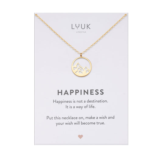Gold Mountain Peak Coin Necklace – Minimalist Stainless Steel Pendant with Happiness Card