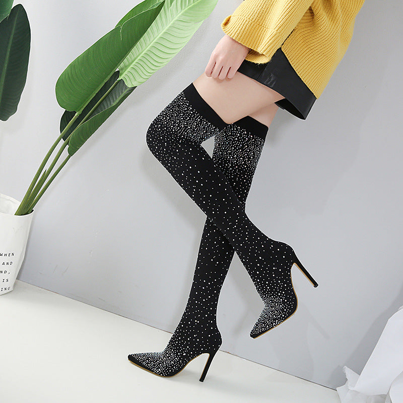 Rhinestone Knee-High Boots for Women – Stiletto Heel