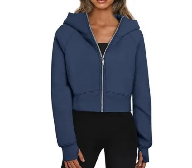 Women's Velvet Zip-Up Hooded Sweatshirt – Cropped Long Sleeve Hoodie in 9 Colours