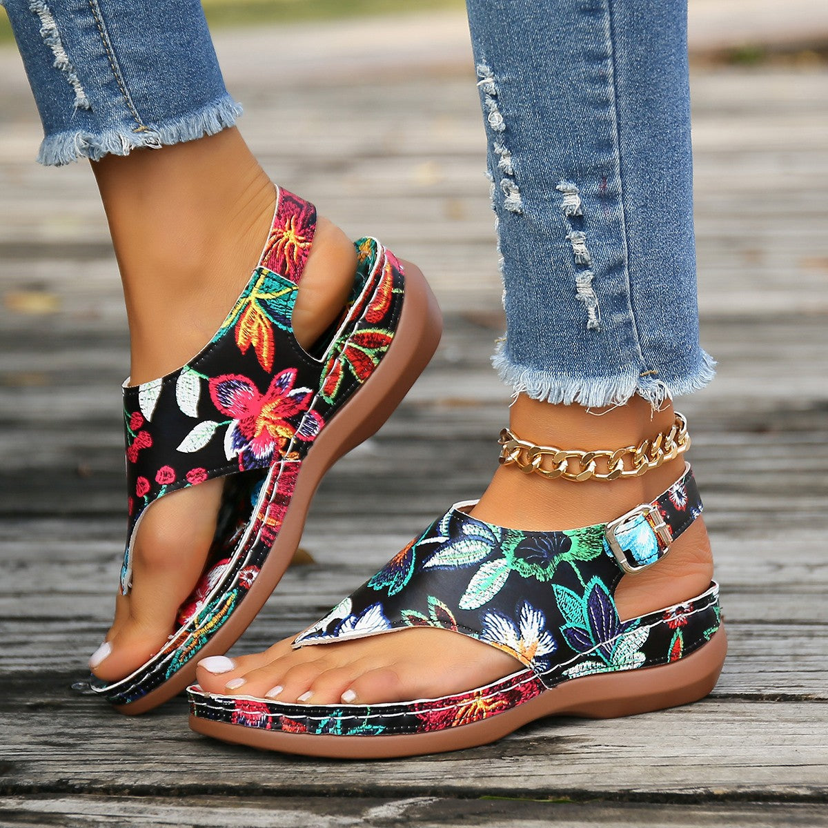Embroidered Flower Herringbone Wedge Sandals