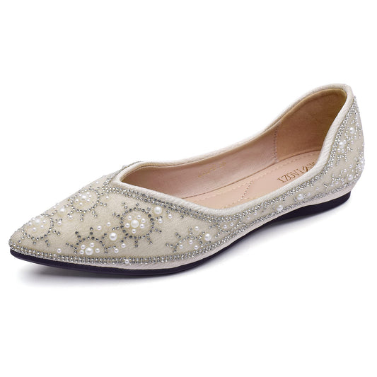 Women's Rhinestone Pearl Ballet Flats – Pointed Toe Wedding & Fashion Flat Shoes