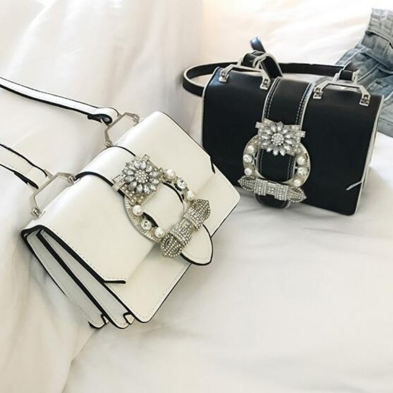 Elegant Women's Diamond Lock Handbag – Pearl Detail PU Leather Shoulder Bag in Black & White