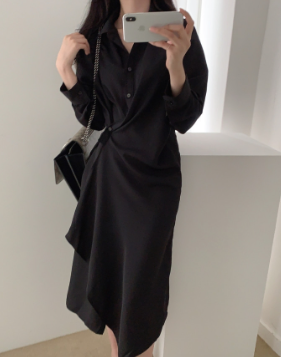 Asymmetric-Hem Polyester Shirt Dress