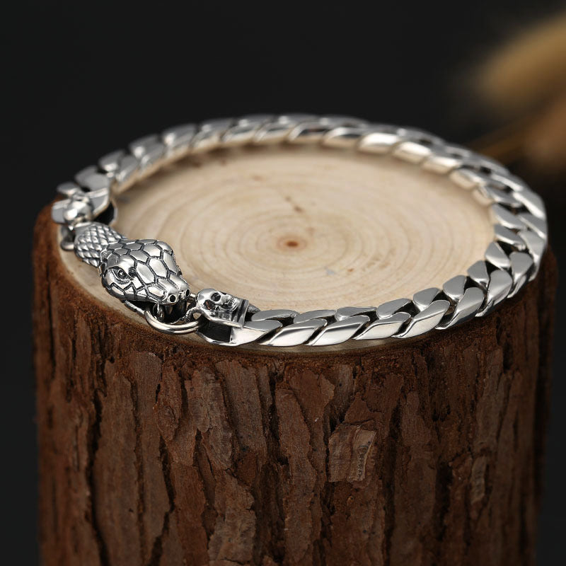 Thai Silver Snake Head Men's Bracelet in Sterling Silver