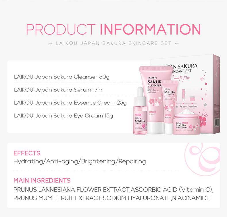 Kirschblüten 4-teiliges Hautpflegeset – Toner, Serum, Creme & Augenpflege