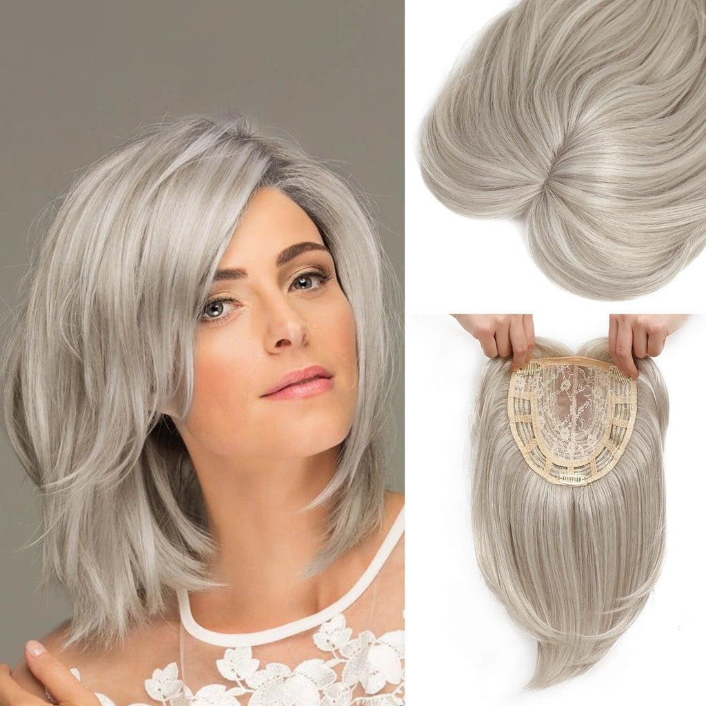 Fine Plus 12" Layered Synthetic Hair Topper with Bangs for Thinning Hair – Silver Blonde Wiglet