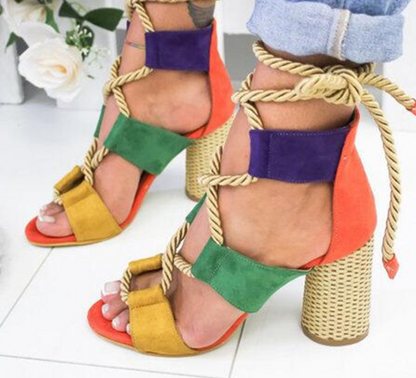 Color Block Chunky Heel Sandals