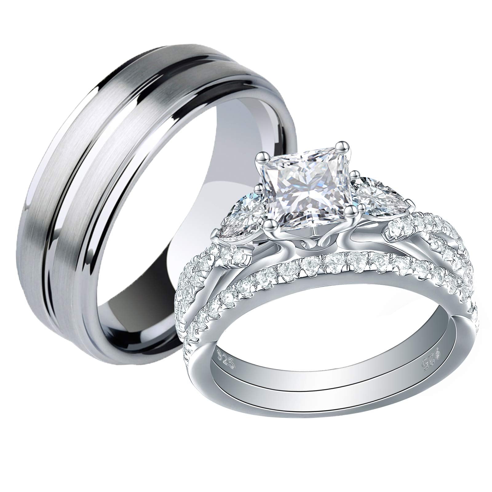 Ehering-Set für Sie & Ihn | Zirkonia, 925er Sterlingsilber & Wolfram-Ringe für Paare
