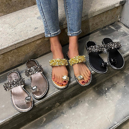 Summer Flat-heel Rhinestone Toe Sandals