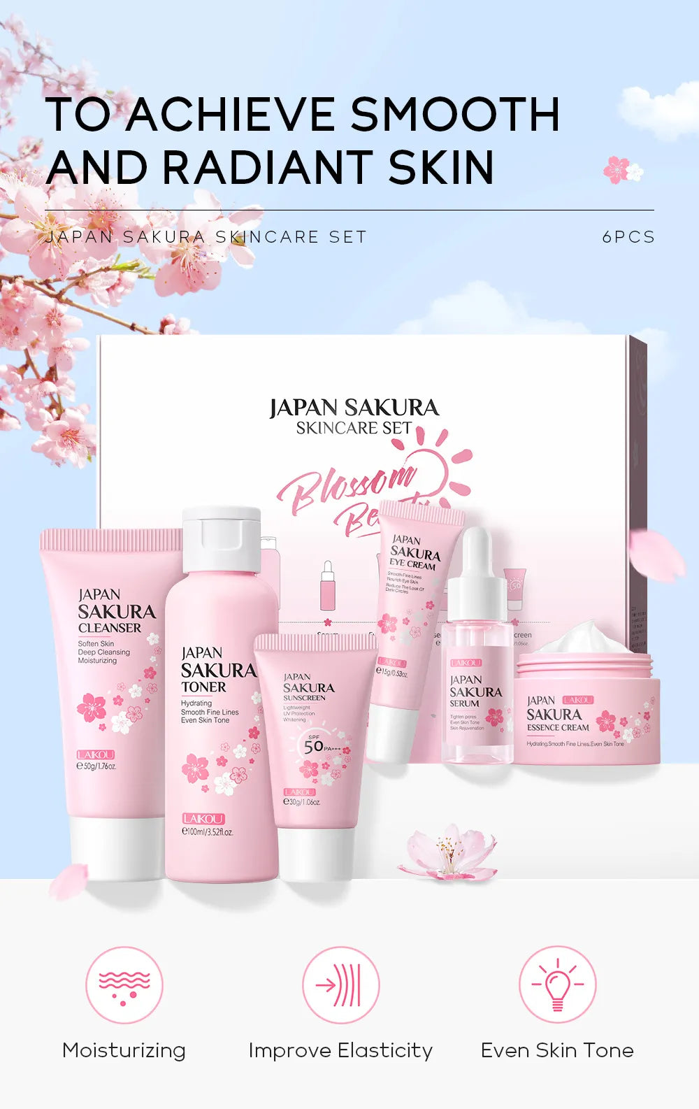Japanische Kirschblüten Hautpflege-Geschenkset – Aufhellende & Feuchtigkeitsspendende Routine