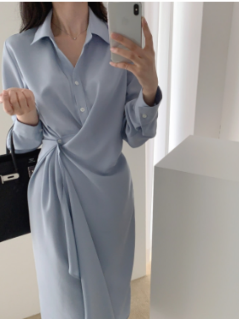 Asymmetric-Hem Polyester Shirt Dress