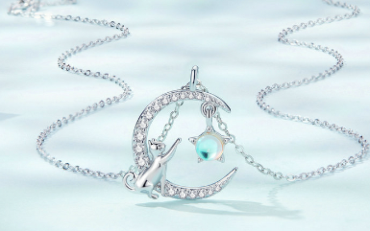 Cat & Crescent Moon Pendant Necklace