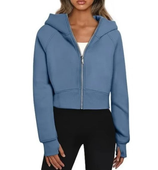 Women's Velvet Zip-Up Hooded Sweatshirt – Cropped Long Sleeve Hoodie in 9 Colours