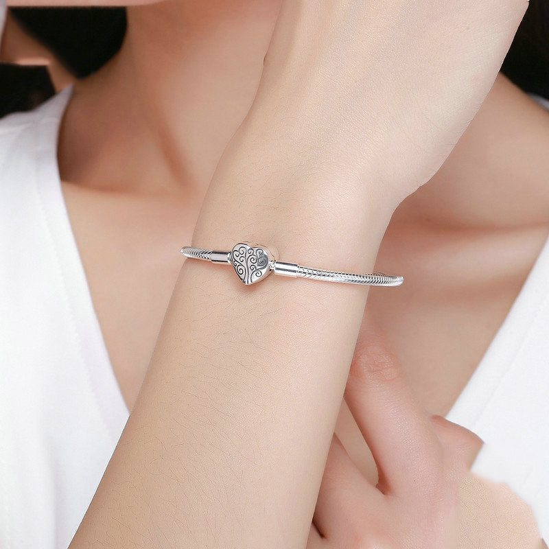 Sterling Silver Heart Charm Snake Chain Bracelet