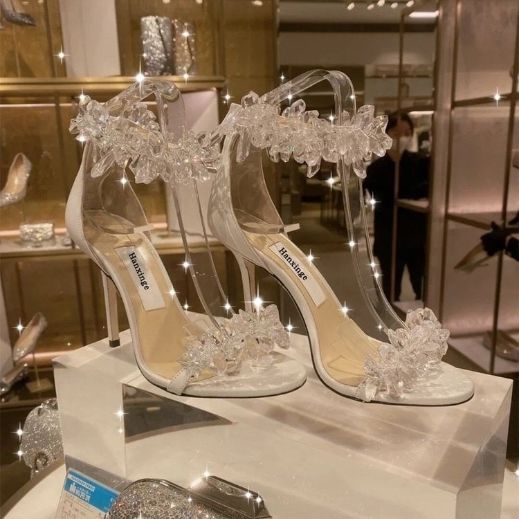 Rhinestone Flower White High Heels for Women