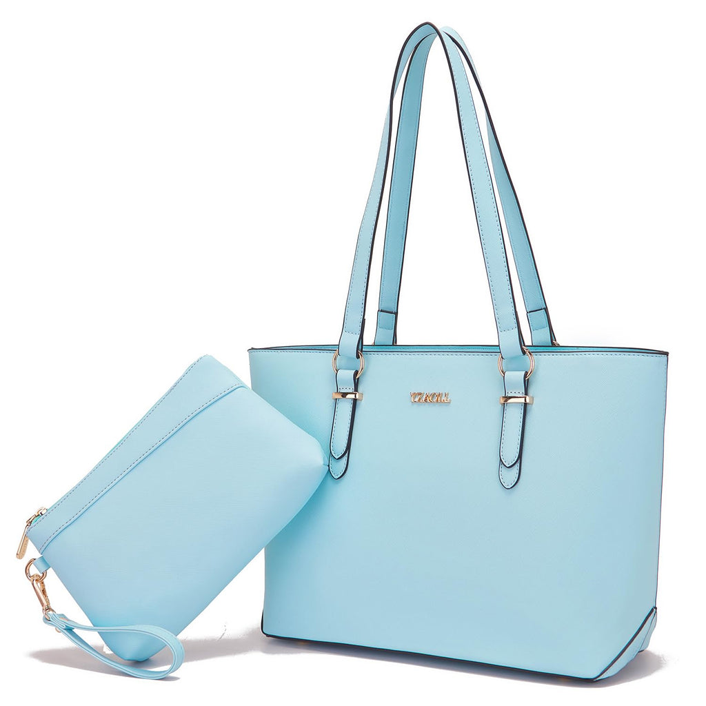 Women's Tote Shoulder Bag & Matching Wrist Bag – 2-Piece Purse Set in Water Blue