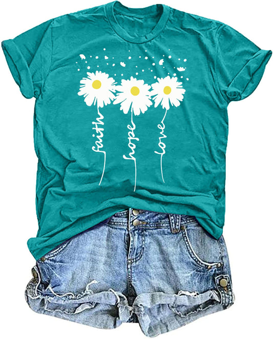 Women's Daisy Print Faith Hope Love Graphic T-Shirt – Short Sleeve
