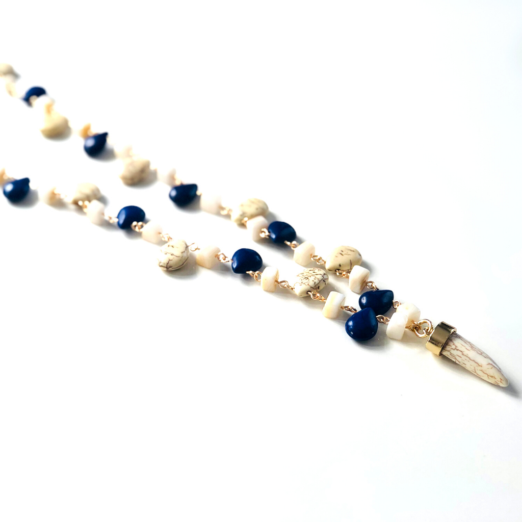 Navy Droplet & Cube Beaded Necklace
