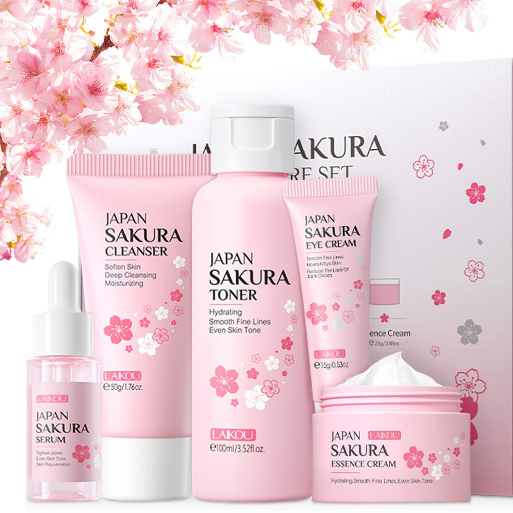 Koreanisches Kirschblüten-Geschenkset – 5-teilig: Reiniger, Serum, Creme, Toner & Augencreme
