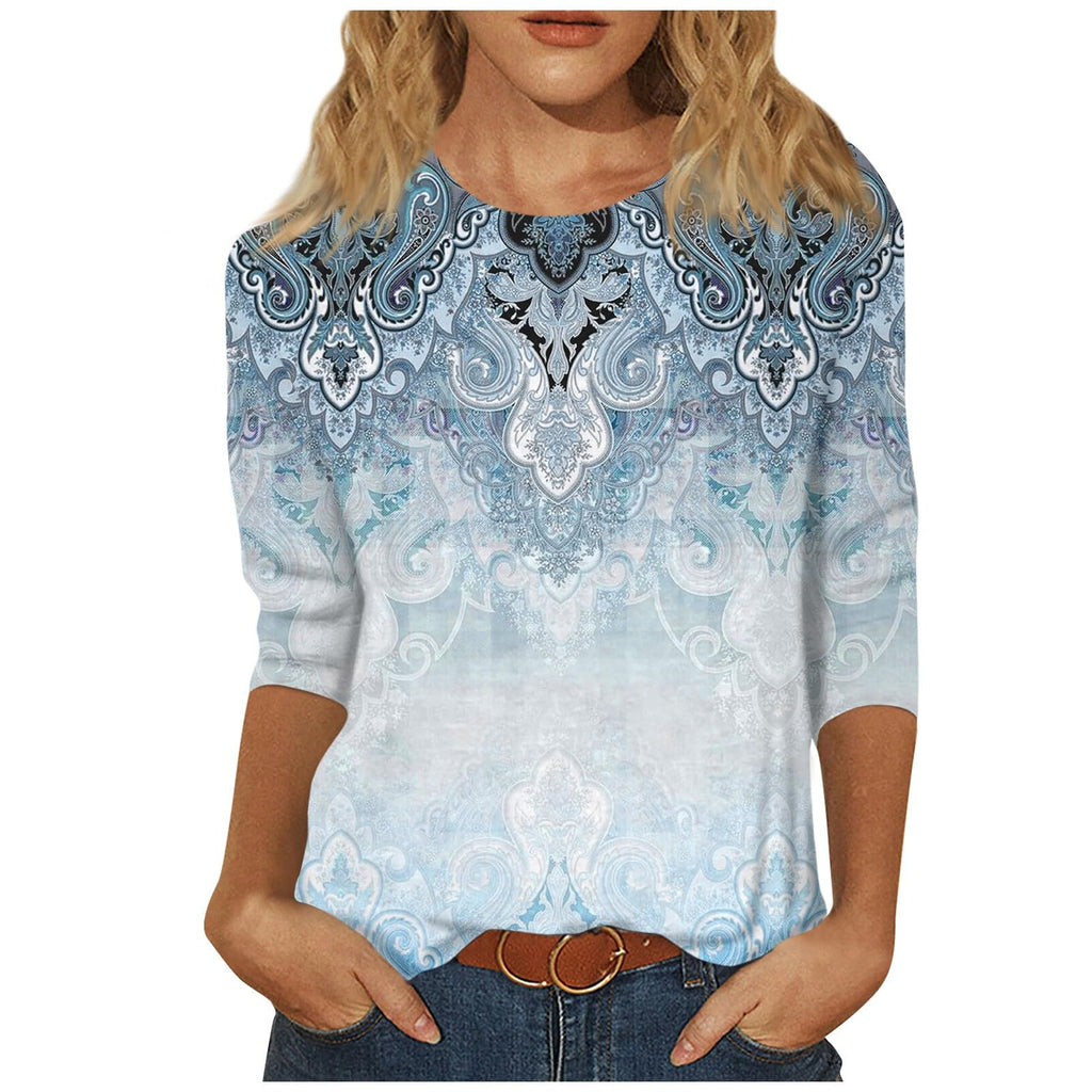 Women's 70s Print 3/4 Sleeve Blouse – Round Neck Casual Plus Size Top in Light Blue (L)
