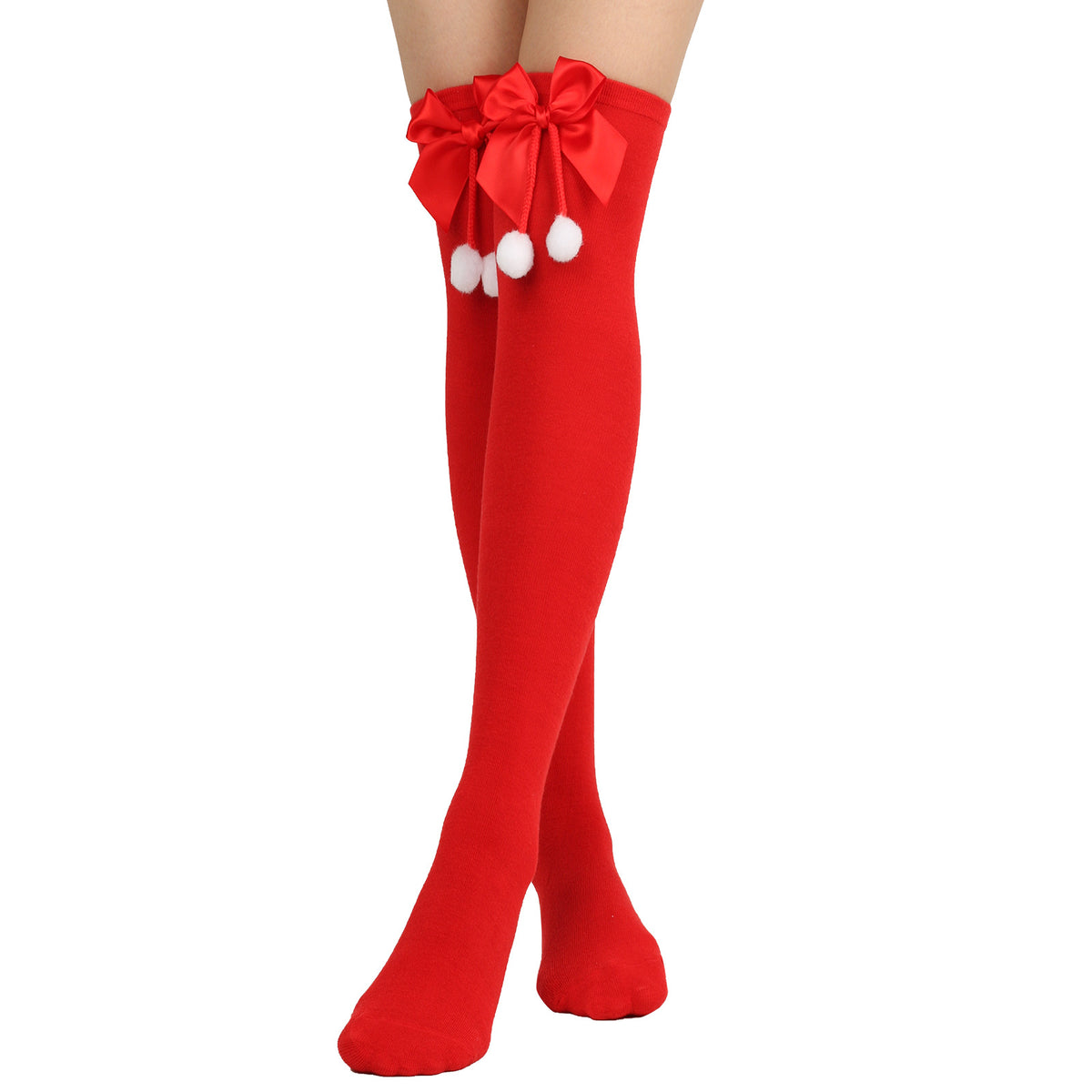 Women's Puff Ball Bow Over-Knee Christmas Socks