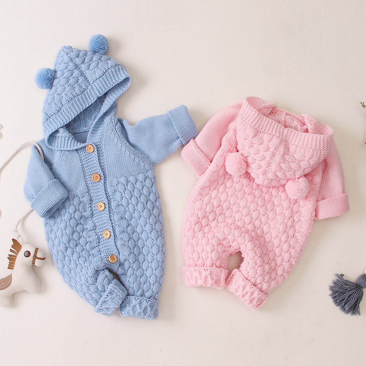 Hooded Knitted Baby Jumpsuit with Fur Ball Design