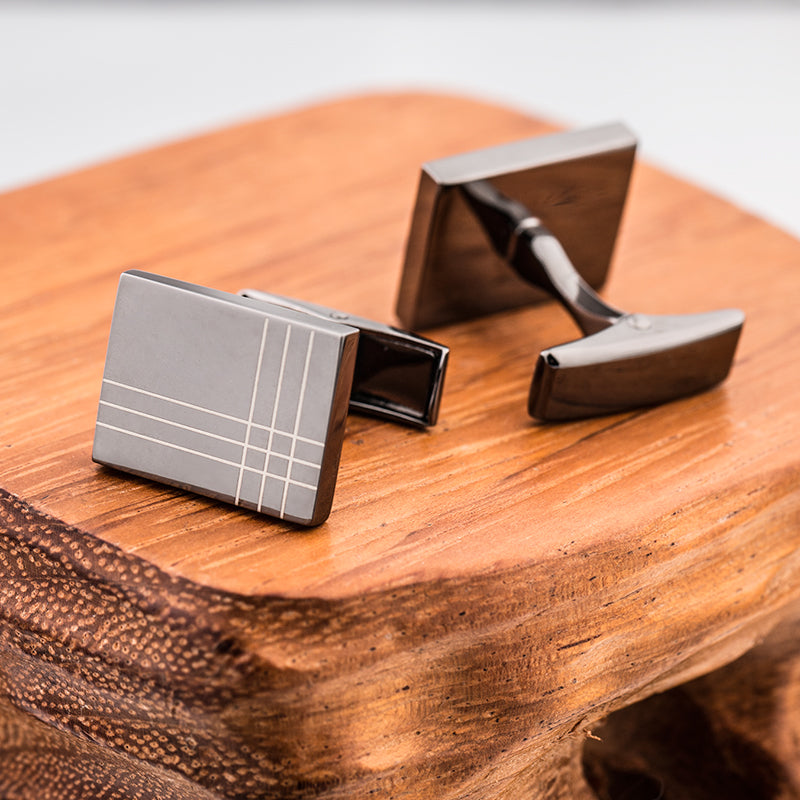 Striped Men's French Cufflinks – Geometric Brass Shirt Cufflinks in Black