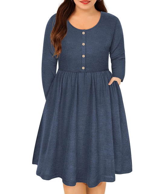 Women's Plus Size Blue Ribbed Knit Sweater Dress – Long Sleeve Party Dress with Pockets