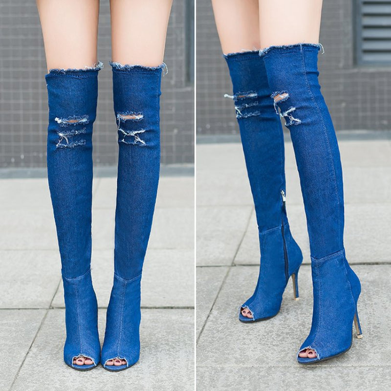 Women’s Denim Peep-Toe Over-the-Knee Boots
