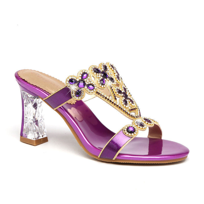 Rhinestone Block-Heeled Diamond Flower Sandals
