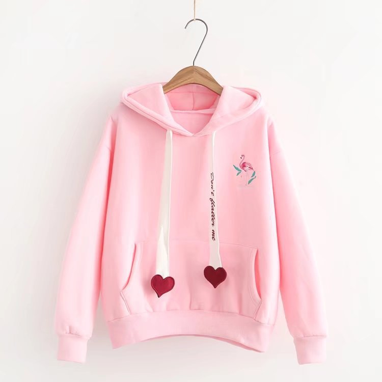 Flamingo Love Printed Velvet Hooded Sweatshirt