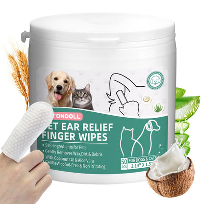 Dog & Cat Ear Cleaner Finger Wipes — 50 Count, Fresh Coconut Scent