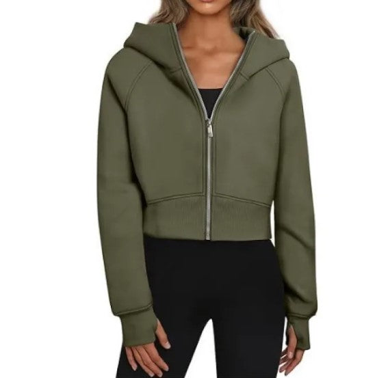 Women's Velvet Zip-Up Hooded Sweatshirt – Cropped Long Sleeve Hoodie in 9 Colours