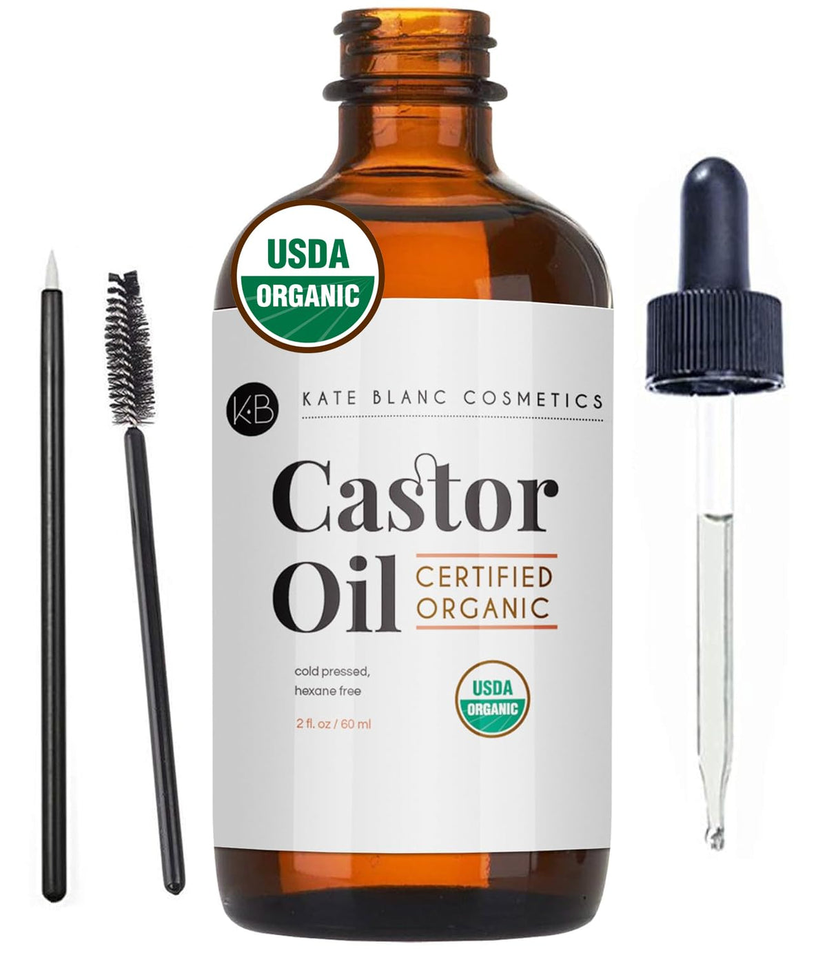 Kate Blanc Cosmetics Organic Castor Oil – 100% Pure Cold-Pressed, Hexane-Free, 2oz | Hair, Lash & Brow Growth