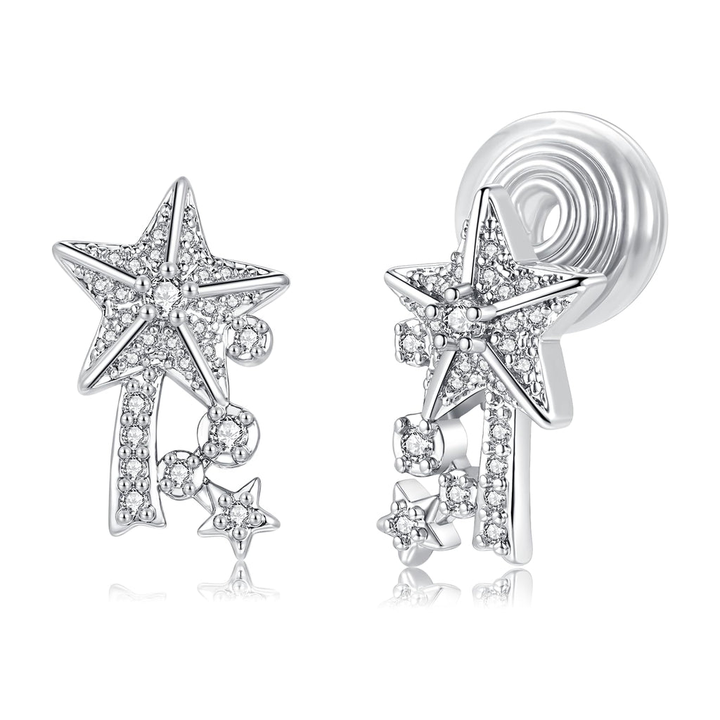 Silberne Stern-Ohrclips mit Zirkonia | Hypoallergen ohne Piercing