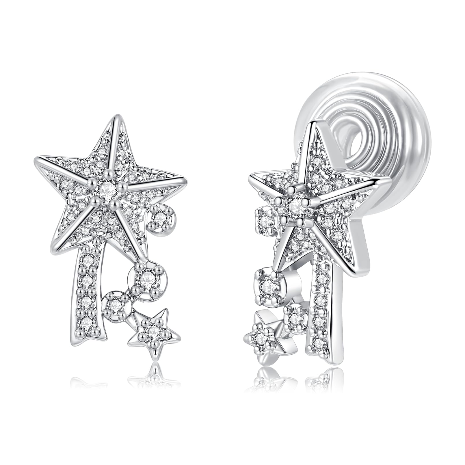 Silberne Stern-Ohrclips mit Zirkonia | Hypoallergen ohne Piercing